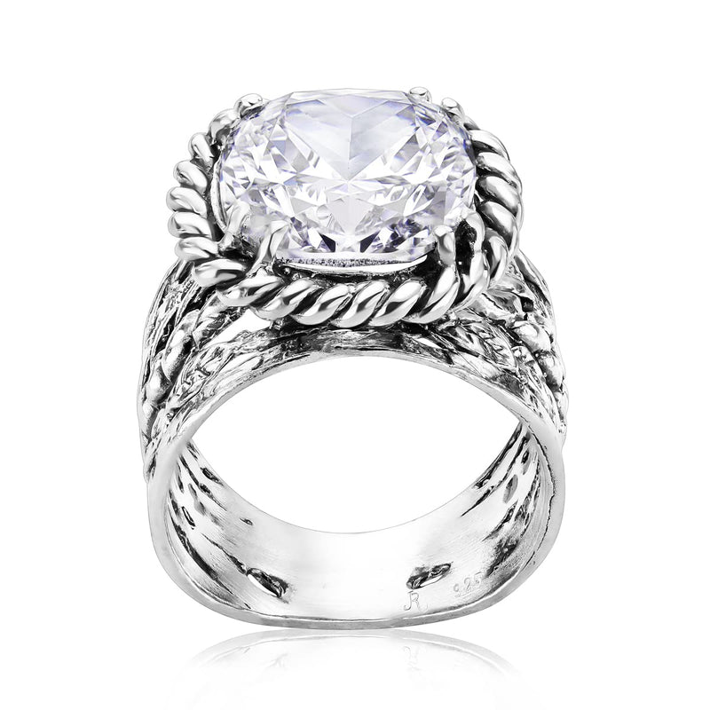 925 Sterling Silver Ring With Cushion Cubic Zirconia CZ, Multi Textured, Vintage Look Stylish Hypoallergenic, Nickel and Lead-free, Artisan Handcrafted Designer Collection Made in Israel (Size 5-11) 11 - BeesActive Australia
