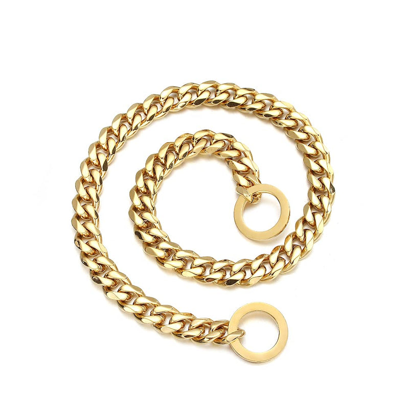 Aiyidi Gold Chain Dog Collar 11/15/19mm Wide Stainless Steel Cuban Link Slip Chew Proof Collar Training Walking for Small, Medium and Large Dogs 12in-26in 11mm (0.43'') Wide 26inch (Fits dogs neck 22in-24in) - BeesActive Australia