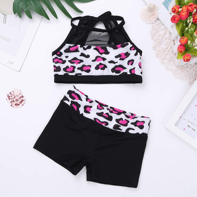 [AUSTRALIA] - ranrann Kids Girls 2PCS Mesh Leopard Ballet Dance Gymnastic Unitard Halter Athletic Tank Top with Bottoms Set Rose Red 5 / 6 