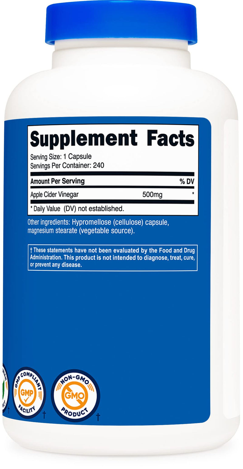 Nutricost Apple Cider Vinegar Capsules 500mg, 240 Vegetarian Capsules - Natural, Vegetarian, GMP, Non-GMO and Gluten Free 240 Count (Pack of 1) - BeesActive Australia
