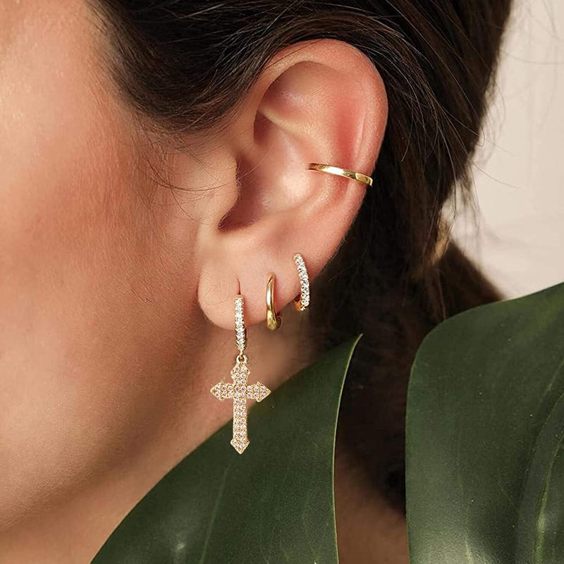 GOVENUS 14K Gold Plated Cubic Zirconia Dainty Lightweight Huggie Hoop Earrings With Dangle Drop Earrings for Women Girls Jewelry Gift Cross-Gold - BeesActive Australia