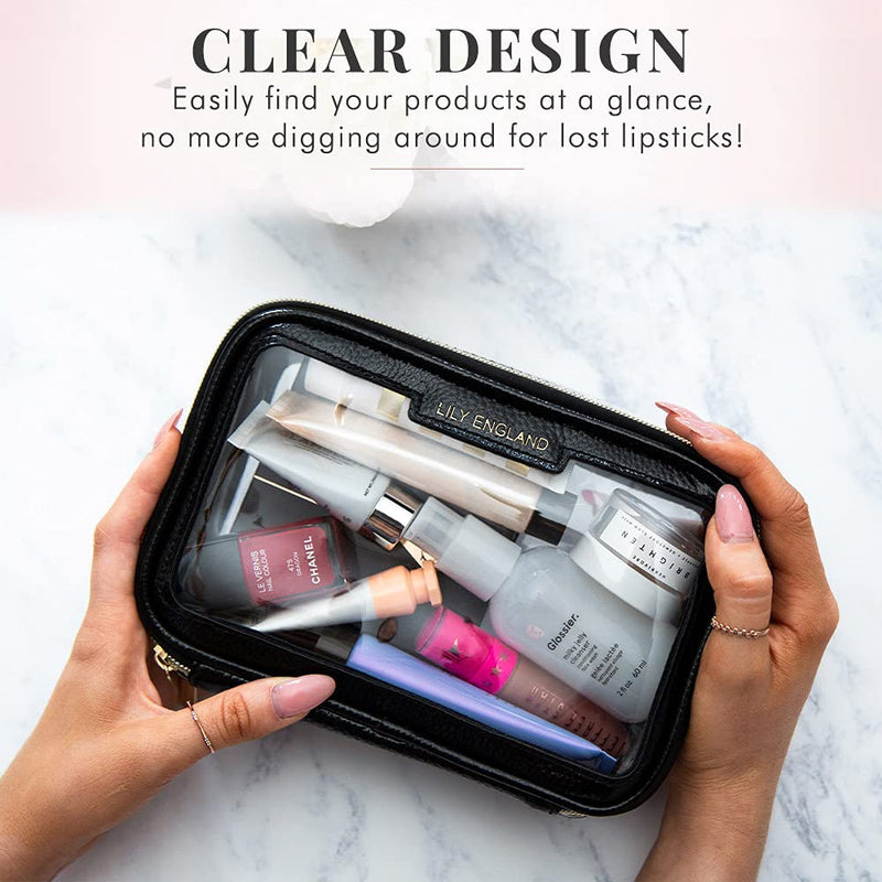 Clear Travel Makeup Bag Organiser - Small Portable Airport Toiletry Cosmetic Case by Lily England, Black and Gold - BeesActive Australia