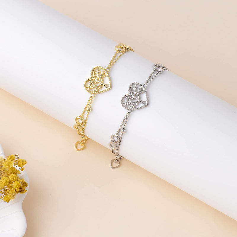 G&GEMSJEW Heart Ankle Bracelet for Women, 14K Gold Plated Handmade Dainty Layered Rhinestone Anklet Gold Beaded Chain Anklet 10", Cubic Zirconia Summer Beach Foot Chain Ankle, Multi-color Optional Gold Tree of Life - BeesActive Australia