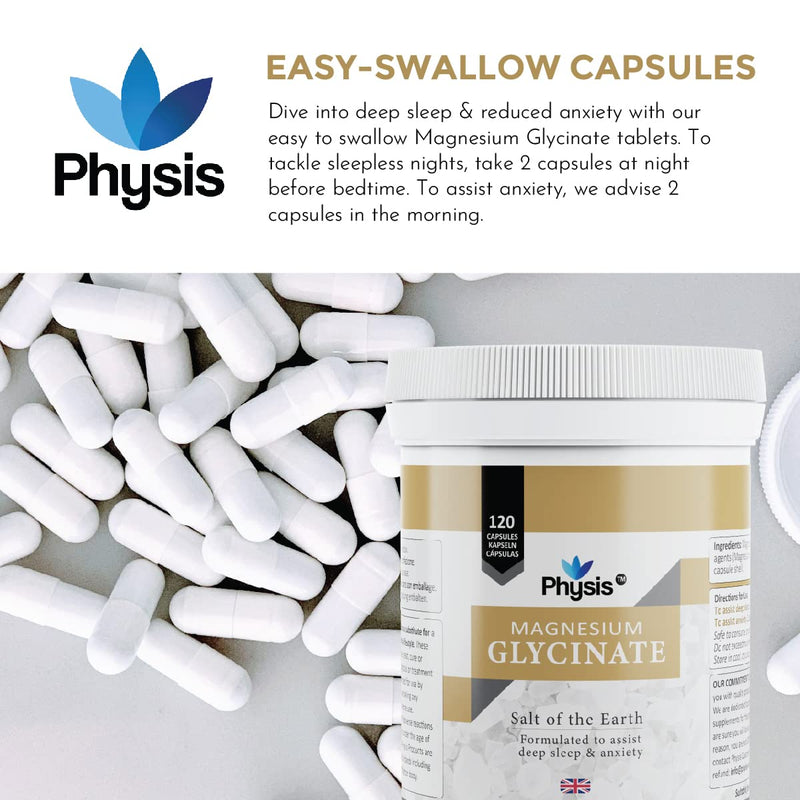 Physis Magnesium Glycinate | 120 Tablets | Vegan Magnesium Supplements for Sleep | 200mg - 400mg Daily | Non GMO, Dairy & Gluten Free | Helps Sleep & Anxiety Assist | High Bioavailability 120 Count (Pack of 1) - BeesActive Australia
