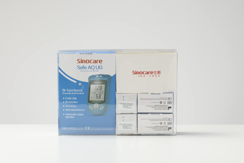 sinocare 2-in-1 Uric Acid & Blood Glucose Test Kit, Safe AQ UG Multifunctional Monitor for Blood Sugar & Gout Test, w/Test Strips x 100 & Lancing Devices x 100, for Diabetics & Gout - in mmol/L Safe AQ UG test kit w/ strips × 100 - BeesActive Australia