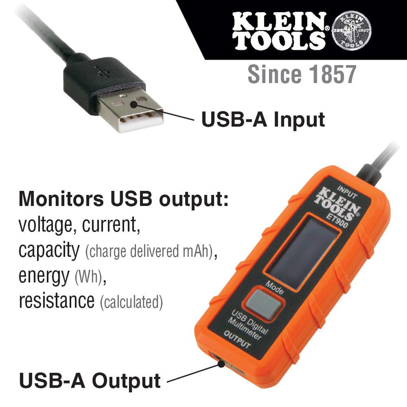 USB Power Meter, USB-A Digital Meter for Voltage, Current, Capacity, Energy Resistance Klein Tools ET900 USB-A Meter - BeesActive Australia