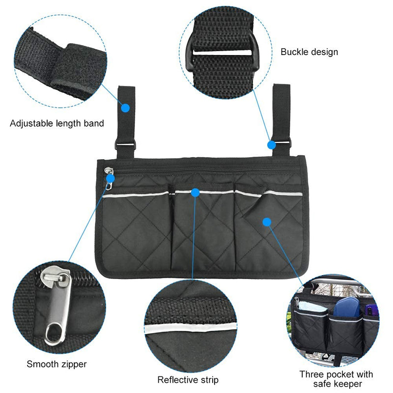QUCUMER Wheelchair Bag with Pockets Mobility Aid Wheelchair Accessories Bag Wheelchair Side Storage Bag Universal Waterproof Armrest Side Bag Armrest Side Organizer for Mobility Scooter Walking Frame - BeesActive Australia