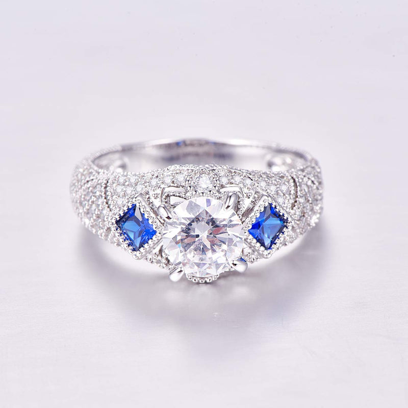 Empsoul 925 Sterling Silver Wide Ring Round Cut White Topaz Royalblue Cubic Zirconia Wedding Engagement Ring for Women Girls Size 5 US5 White & Royalblue - BeesActive Australia