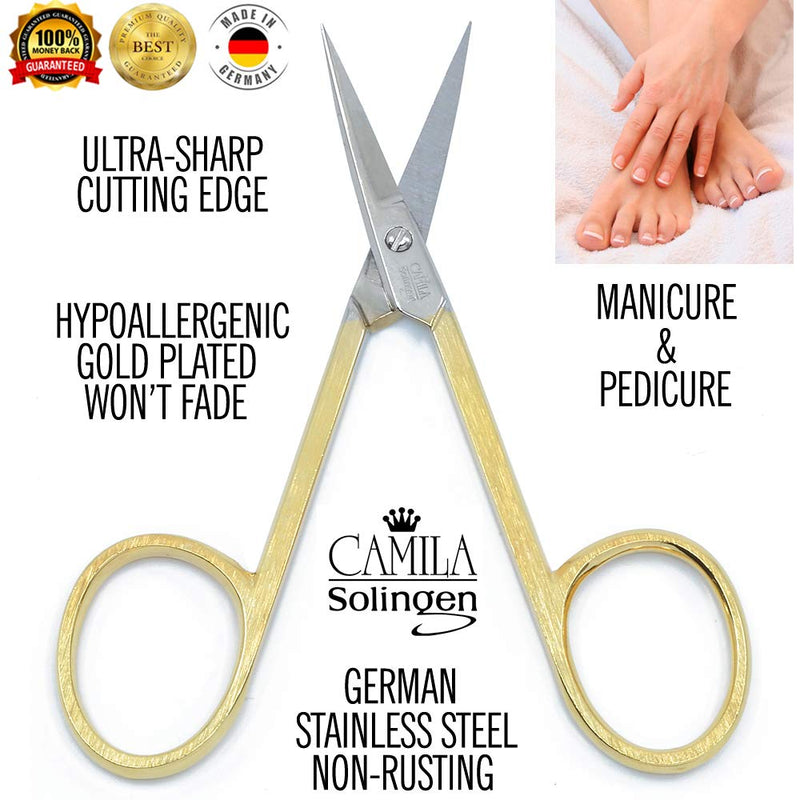 Camila Solingen CS05 Professional Nail Cuticle Scissors, Hypoallergenic Gold Plated Sharp Curved Manicure Pedicure Grooming for Finger and Toe Nail Care. Made of Stainless Steel in Solingen, Germany - BeesActive Australia