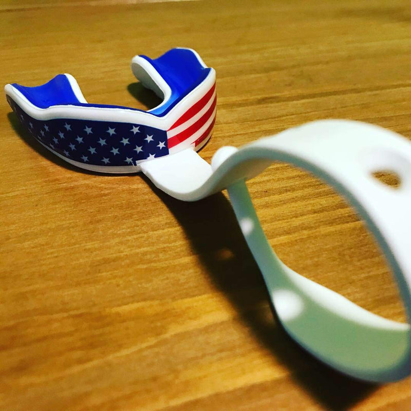 [AUSTRALIA] - Oral Mart Sports Mouth Guard with Strap (6 Best Colors & Vampire Fangs & USA Flag) (Football/Lacrosse/Ice Hockey) - Strapped Mouthguard for College Football, Ice Hockey, Lacrosse (/w Vented Case) Adult (Age 11 & Up) 