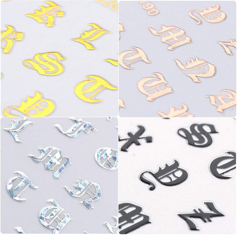 8 Sheets Nail Art Stickers 3D Letter Nail Art Stickers Decals Decoration Old English Alphabet Design Self-Adhesive Letter Nail Stickers Nail Art Decor Supplies for Women 6 - BeesActive Australia