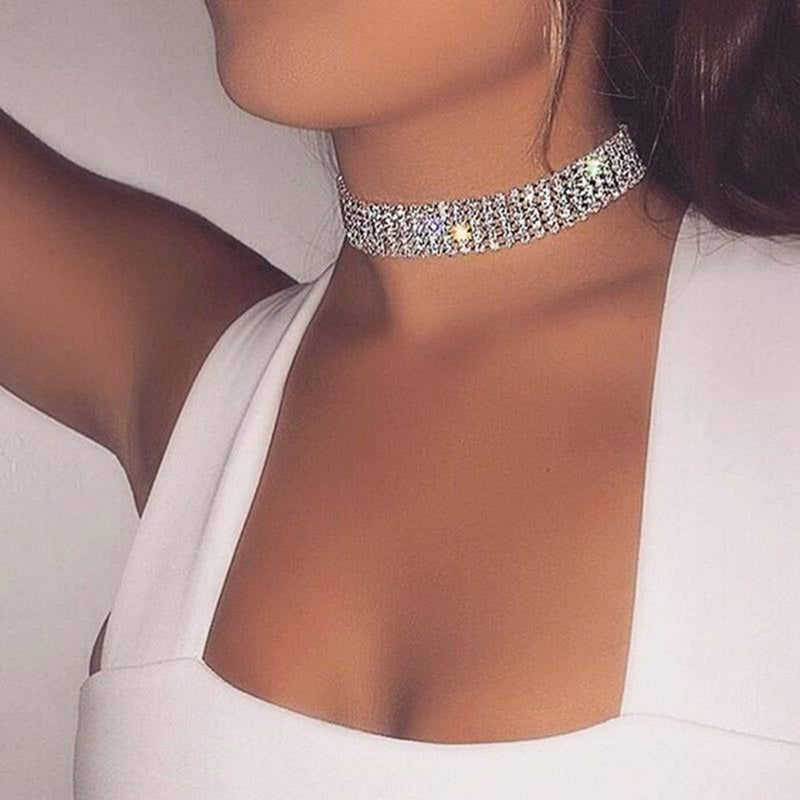 TseanYi Wide Rhinestone Chain Choker Necklace Layering Silver Tennis Chain Necklace Short Shining Necklaces Jewelry for women and Girls - BeesActive Australia