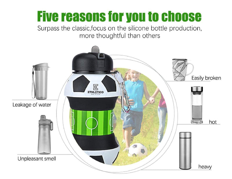 ETHLETICO Collapsible Water Bottles with Carabiner Food Grade Sports Water Bottle for Gift Kids Folding Water Bottle for Hiking, GYM, School, Sports and Travelling 19Oz/550ml BPA Free (Soccer) Soccer Ball - BeesActive Australia