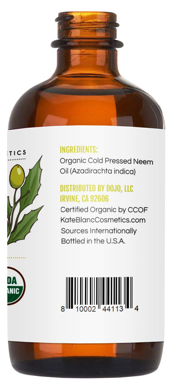 Organic Neem Oil (4oz) by Kate Blanc. USDA Certified Organic, Virgin, Cold Pressed, 100% Pure. Great for Hair, Skin, Nails, Acne and Plants. Natural Anti Aging Moisturizer - BeesActive Australia