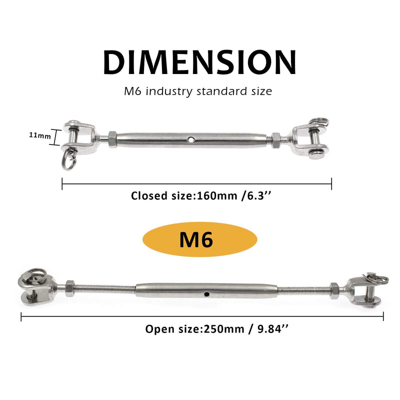 Augiimor 2PCS 316 Stainless Steel Jaw and Jaw Turnbuckle Rigging Screw, 1/4" (6mm) Threaded Diameter, Durable, Weather Resistant for Wire Rope Cable 1/4" (6mm) - BeesActive Australia