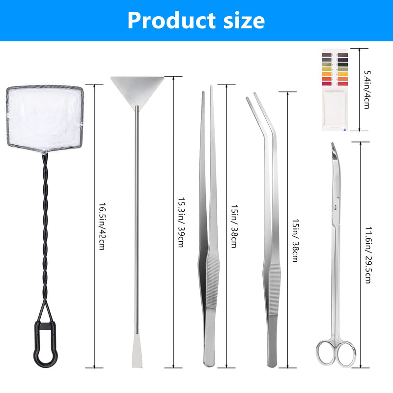 Liveek 7 in 1 Aquarium Aquascape Tools Kit 15 inch, Aquatic Plant Extra Long Aquascaping Tool for Aquarium Fish Tanks Clean Tools Sets with Silver Tweezers Scissors Spatula, Fish net, PH Paper, Bags - BeesActive Australia