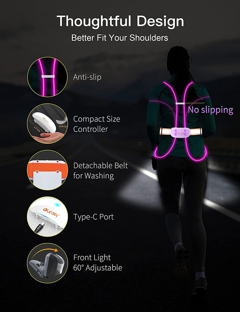 Olook LED Running Vest with Lights - Multicolor Illuminated Light Up Running Vest, Rechargeable Running Lights for Runners, Enhanced Non-Slip Lighting Tube, Adjustable Front Light, Waterproof Orange Large - BeesActive Australia
