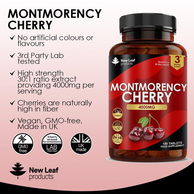 Montmorency Cherry 4000mg (2 per Serving) - 180 Tablets High Strength Concentrate - Natural Tart Cherry Vegan Supplements (not Capsules or Powder) - Non-GMO, 3 Months Supply - Made in The UK - BeesActive Australia