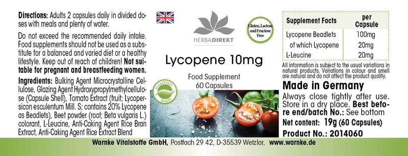 Lycopin with Tomato Extract 10�mg, 60�Capsules Vegi 19�g Pack of 1 | HERBADIREKT by Warnke Vitalstoffe - BeesActive Australia