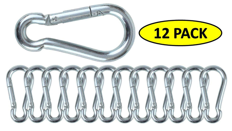 Branded Boards Black & Silver Heavy Duty Bushcraft Zinc-Galvanized Steel Carabiner Spring Snap Clip Link Hooks. 200-400lb Load. 6 Packs, 12 Packs and Variety Packs. Silver-7cm-12 Pack - BeesActive Australia