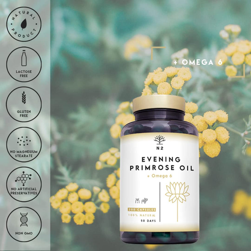 Evening Primrose Oil 2000 mg, 10% GLA. 200 Softgel Capsules with Vitamin E and Omega 6. High Strength, Easy Swallow, Cold Pressed. Menopause, Skin and Nails Care. Made in EU. N2 Natural Nutrition - BeesActive Australia