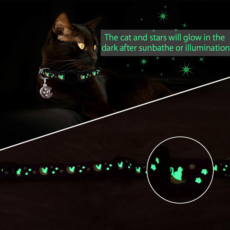 2PCS Breakaway Cats Collars with Bell Moons Stars Adjustable Kitten Collars with Pendant Glow in The Dark Purple+Black - BeesActive Australia