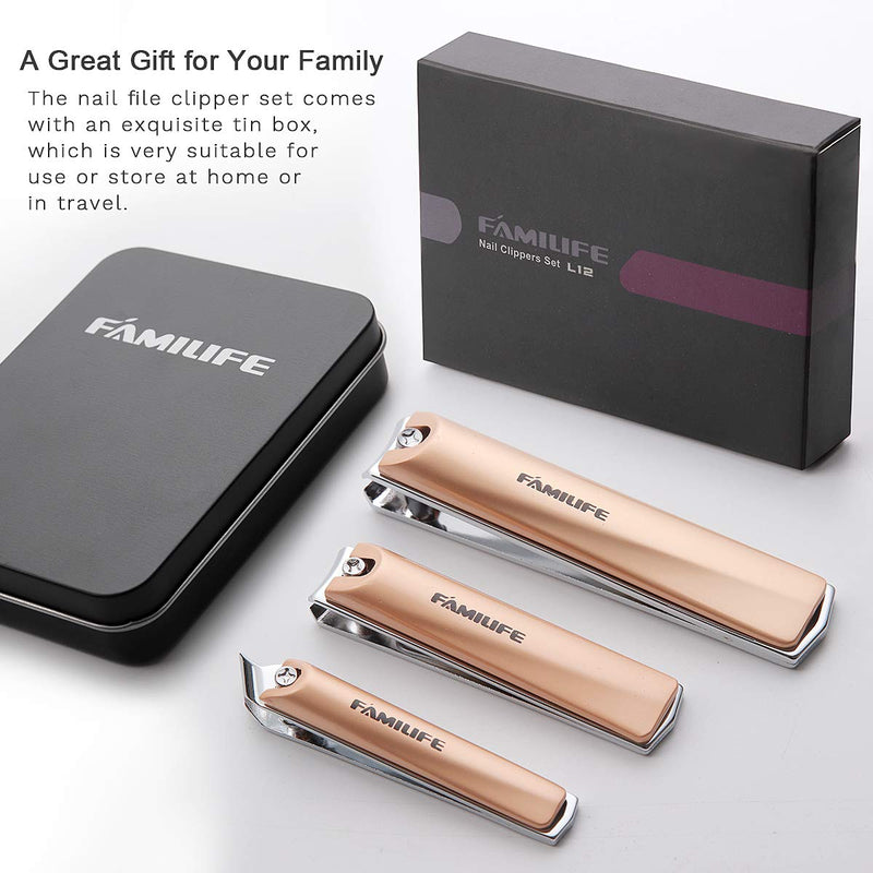FAMILIFE Nail Clipper Set Stainless Steel Rose Gold Toenail Fingernail Clippers Slant Side Edge Nail Cutter 3 pcs Manicure Pedicure Set with Travel Case - BeesActive Australia