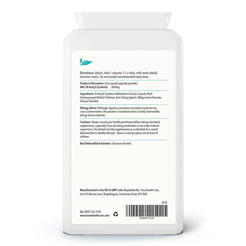 Troo NAC Supplement 600mg - 120 Capsules - N Acetyl Cysteine Amino Acid Providing Non Toxic Stable Form of L-Cysteine - UK Manufactured to GMP Standards - BeesActive Australia