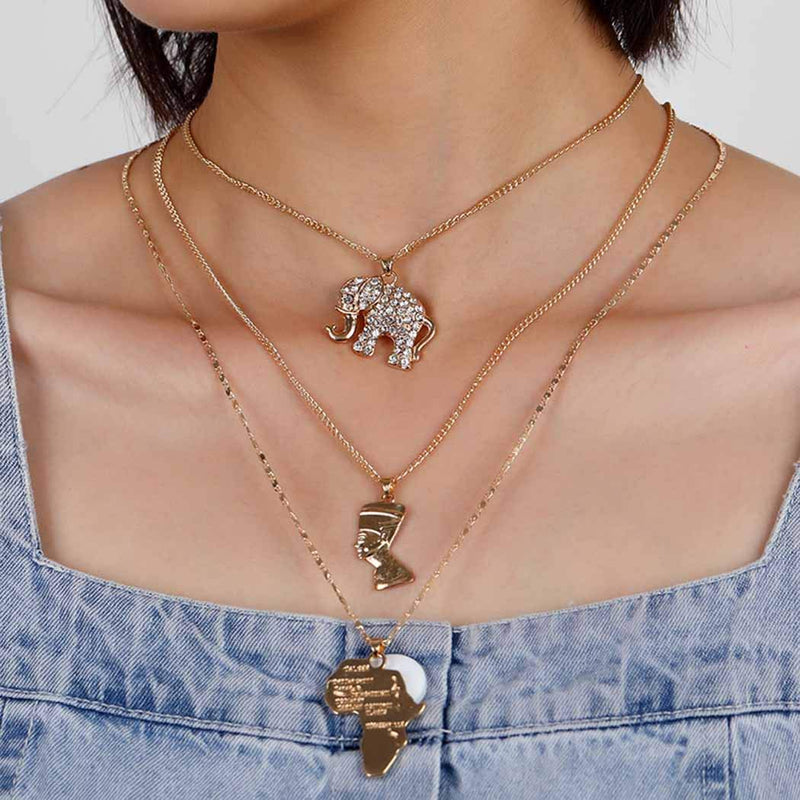 Sakytal Vintage Layered Crystal Necklace Gold Elephant Pendant Necklaces Egyptian Pharaoh Necklace Chain Jewelry Dainty Accessory for Women and Girls - BeesActive Australia