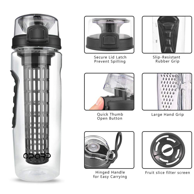 Opard Fruit Infuser Water Bottle with Time Marker, 30 oz BPA Free Infusion Daily Water Bottles Track Water Intake with Leak Proof Flip Top Lid, Infusion Rod, Cleaning Brush and Recipe Black - BeesActive Australia