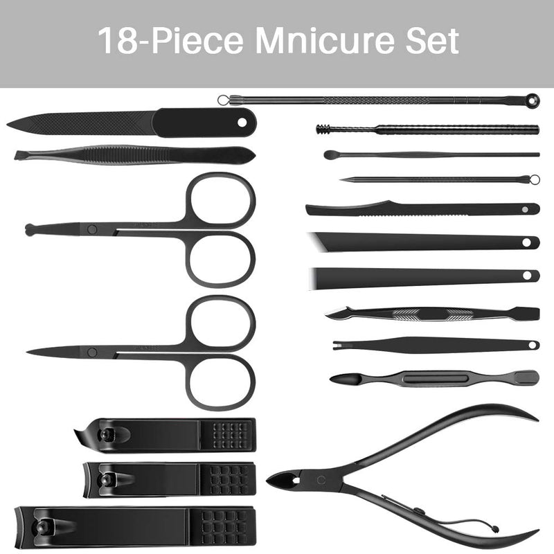 iBazal Nail Clippers Sets High Stainless Steel Nail Cutter Pedicure Kit Nail File Sharp Nail Scissors and Clipper Manicure Pedicure Kit Fingernails Toenails with Portable case-Black (18PCS) Black-18in1 - BeesActive Australia