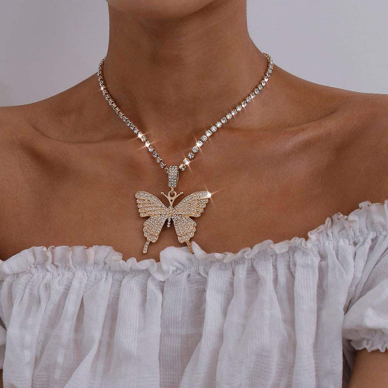 Funyrich Boho Crystal Pendant Necklace Gold Butterfly Choker Necklaces Bling Rhinestones Necklace Chain for Women and Girls. - BeesActive Australia