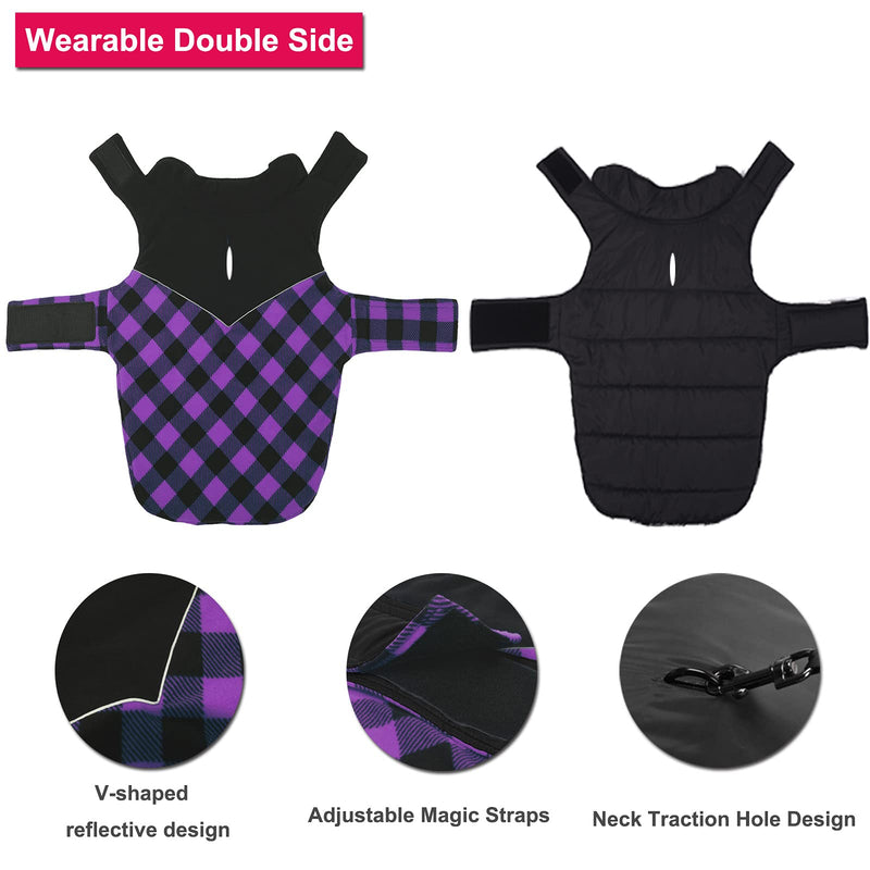 Dog Sweater Winter Coat Cold Vest Pet Warm Cotton Clothes Puppy Jacket Doggies, Reversible Waterproof Windproof British Style Plaid for Small Medium Large Dogs M(Chest Girth:16.1-20.1") Purple - BeesActive Australia