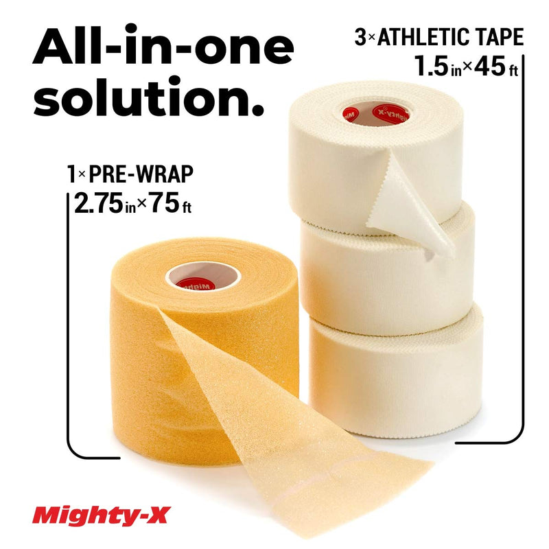 Mighty-X White Athletic Tape + PreWrap - 4 Pack - Easy to Tear with No Sticky Residue - Used as: Ankle Tape, Climbing Tape, Boxing Tape - Sports Tape Athletic - 1.5in x 45ft - BeesActive Australia