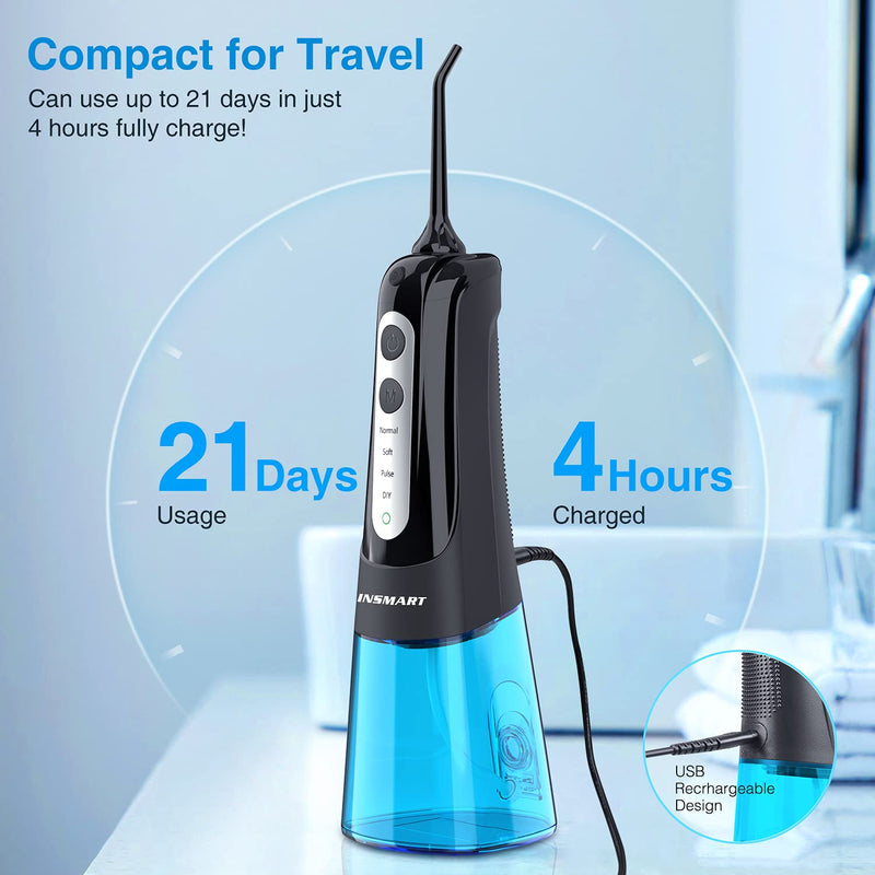 Cordless Water Dental Flosser Teeth Cleaner, INSMART Professional 300ML Tank DIY Mode USB Rechargeable Dental Oral Irrigator for Home and Travel, IPX7 Waterproof 4 Modes Irrigate for Oral Care, Blue - BeesActive Australia