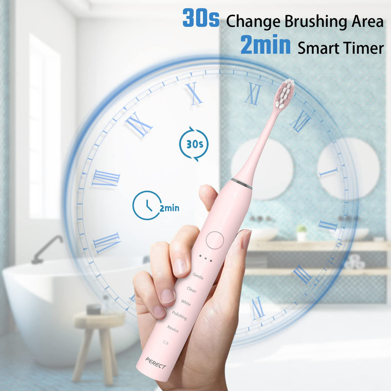 PERECT Ultrasonic Electric Toothbrush Adults with 6 Brush Heads, 5 Modes Electric Toothbrush, Travel Rechargeable Power Toothbrush with Smart Timer &Travel Case & Soft Picks, IPX7 Waterproof, Pink Light Pink - BeesActive Australia