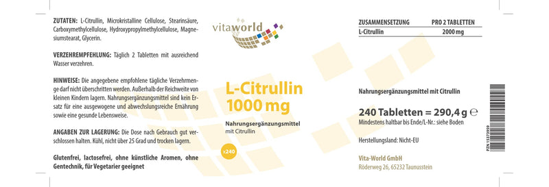 Vita World L-Citrulline 1000 mg Highly Dosed 240 Tablets Vegetarian Made in Germany - BeesActive Australia