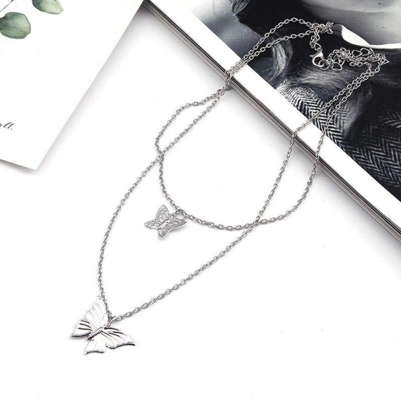 Jovono Boho Layered Necklaces Butterfly Pendant Chain Fashion Necklace Dainty Gift Chain Jewelry for Mother Girlfriend Women and Girls (Silver) Silver - BeesActive Australia