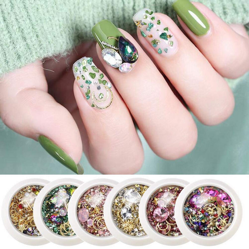 6 Boxes Mixed Nail Art Rhinestones and Nail Rivets Studs, Diamonds Crystals Beads Shiny Rivet Gems for Nail Art Craft 3D Mix-shape Metal Nail Studs Big Gem Nail Decoration Nail Art Supplies - BeesActive Australia