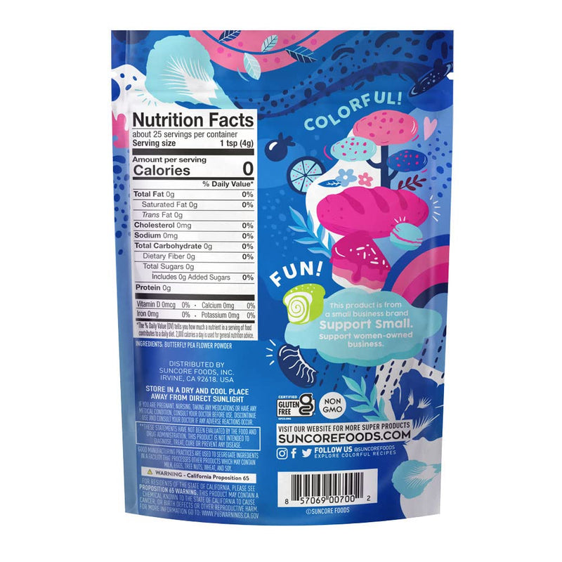 Suncore Foods Blue Butterfly Pea Powder, Blue Food Coloring Powder, Gluten-Free, Non-GMO, 3.5oz (1 Pack) 3.5 Ounce (Pack of 1) - BeesActive Australia