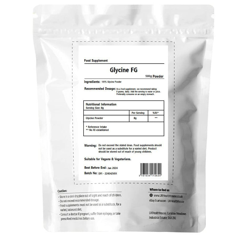 Glycine Powder 500g - Anti Inflammatory, Sleep Aid - Recovery, GH Release 100% Pure L-Glycine, Vegan Friendly, Boosts Protein Synthesis, White - BeesActive Australia
