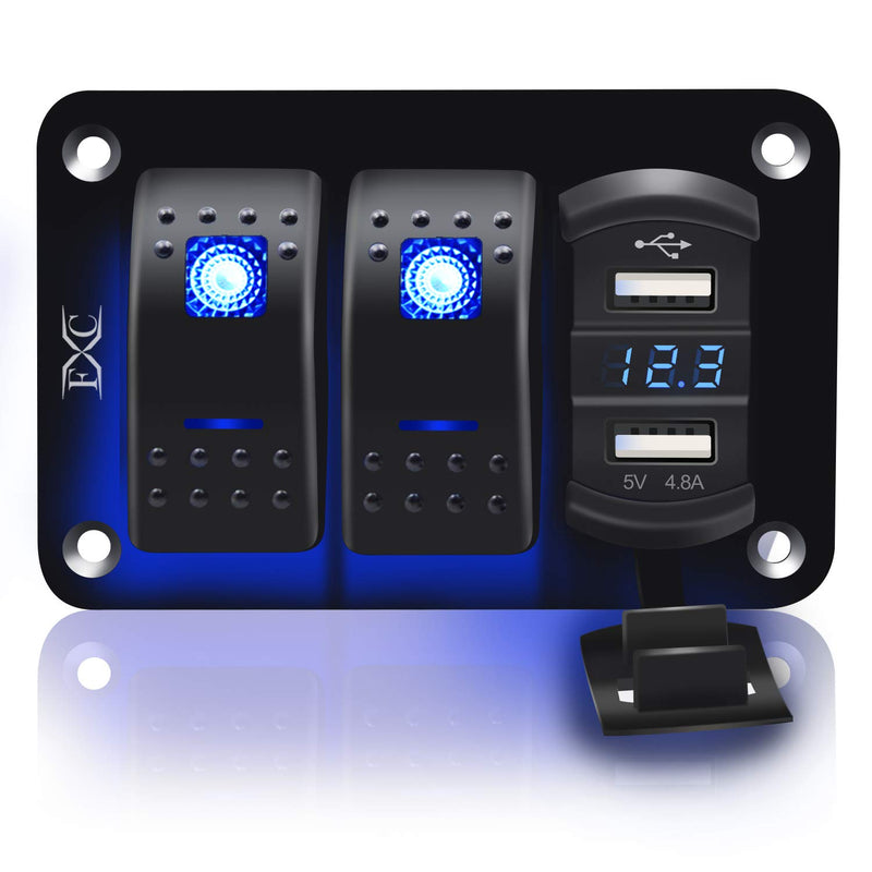 Purishion 2 Gang Rocker Switch Aluminum Panel with Voltmeter & Dual USB(4.8 Amps) Fast Charging, Blue Backlit Led, Pre-Wired IP65 Waterproof for Marine, Boat, Car, Truck, Polaris, Jeep (Blue) 2Gang Blue - BeesActive Australia