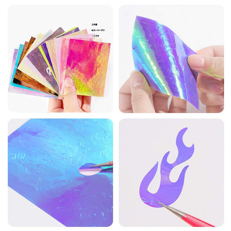 DELENA 16PCS Holographic Flame Reflections Nail Stickers - Laser Magic Color Flame Nail Tape Art Decals 3D Vinyls Nail Women Self-Adhesive - DIY Nail Tip Decoration - BeesActive Australia