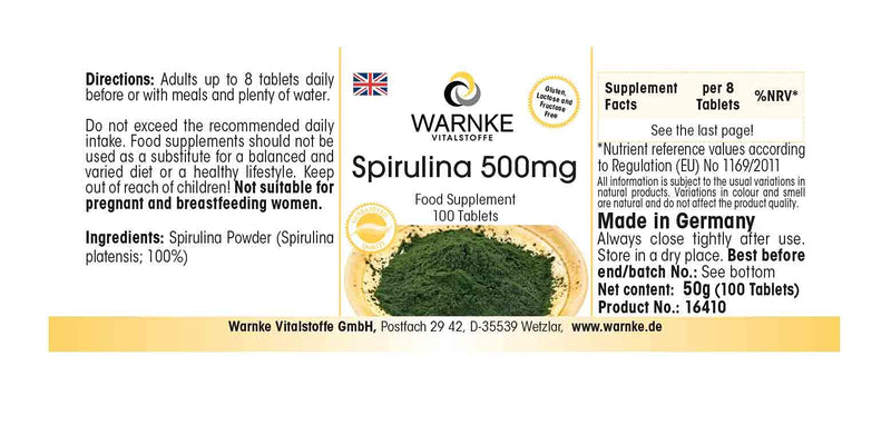 Healthy Products Spirulina, 500�mg, Spirulina Algae Powder, Chlorophyll 100�Tablets, Pure Powder No Additives, Vegi 31�g Pack of 1 | Warnke Vitalstoffe - BeesActive Australia