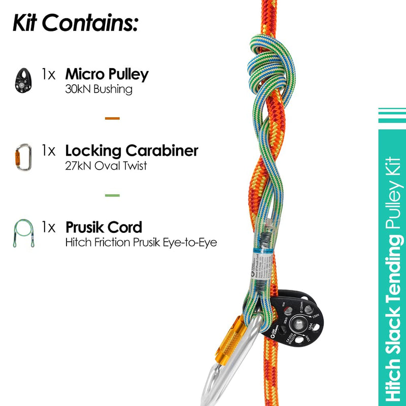 GM CLIMBING Hitch Slack Tending Pulley Kit for Double Rope Climbing System Basic Unit of General Hauling - 30kN Swing Cheek Micro Pulley & Oval Locking Carabiner & 30in 8mm VT Prusik Kit | Micro Swing Cheek Pulley (Black, Bushing) - BeesActive Australia