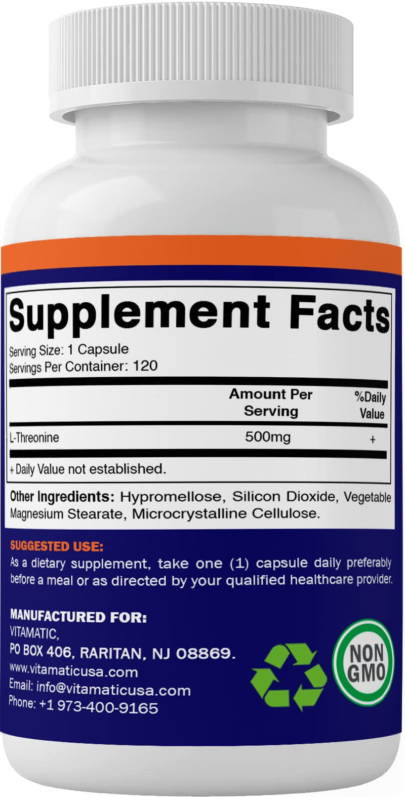 Vitamatic L-Threonine 500 mg 120 Vegetable Capsules - Promotes Healthy Liver, Cardiovascular & Structural Function - BeesActive Australia