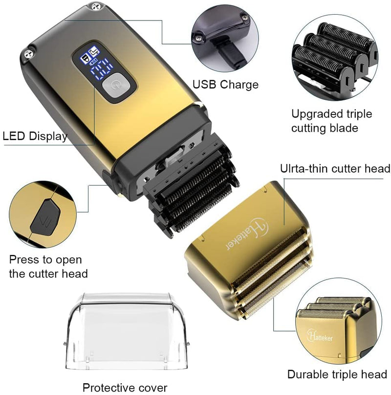 Hatteker Triple Blades Foil Shaver Electric Shaver Razor for Men Close Bald Head Barber Shaver Trimmer Waterproof Wet & Dry, Cordless, Gold - BeesActive Australia