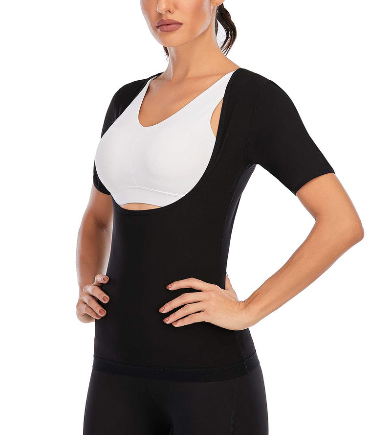 Women Short Sleeve Sauna Suit Hot Sweat Slimming Body Shaper Polymer Workout Top Black-with sleeves Small - BeesActive Australia
