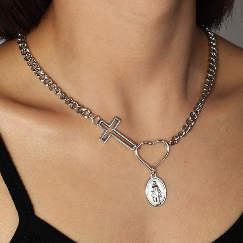 Jovono Fashion Cross Virgin Mary Pendant Necklaces Heart Necklace Chain Jewelry for Women and Girls (Silver) Silver - BeesActive Australia