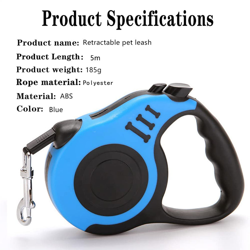Chyix pet Walking Rope with Non-Slip Handle, no Knots, Quick Lock, Pause and Unlock Button, Easy to roll up and roll Away with one Hand, Suitable for Small to Medium Sized Pets (Green) 5M BLUE - BeesActive Australia